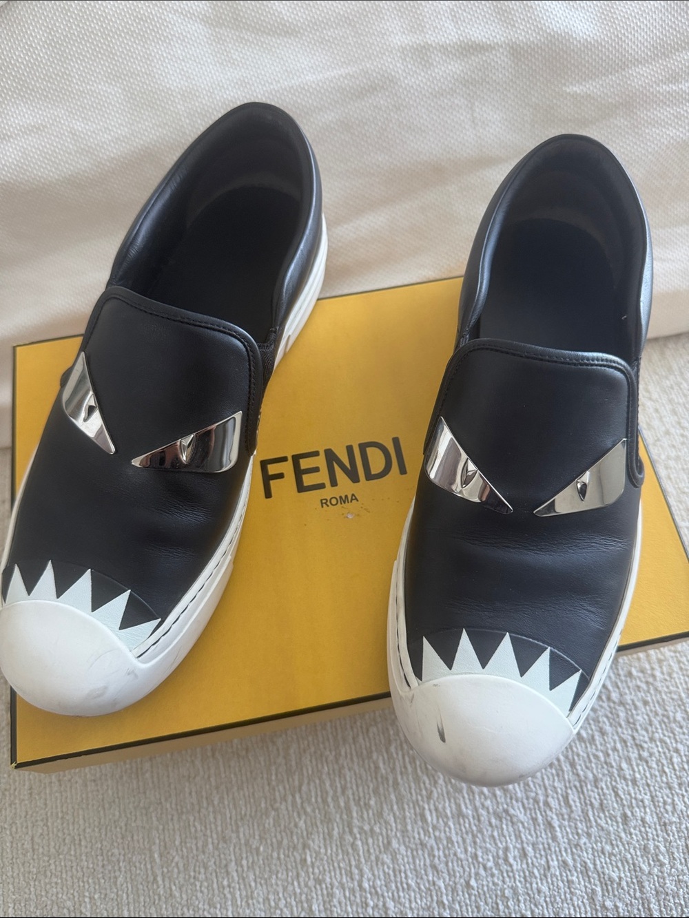 Fendi Black Leather Slip-On Sneakers with Silver Monster Eyes